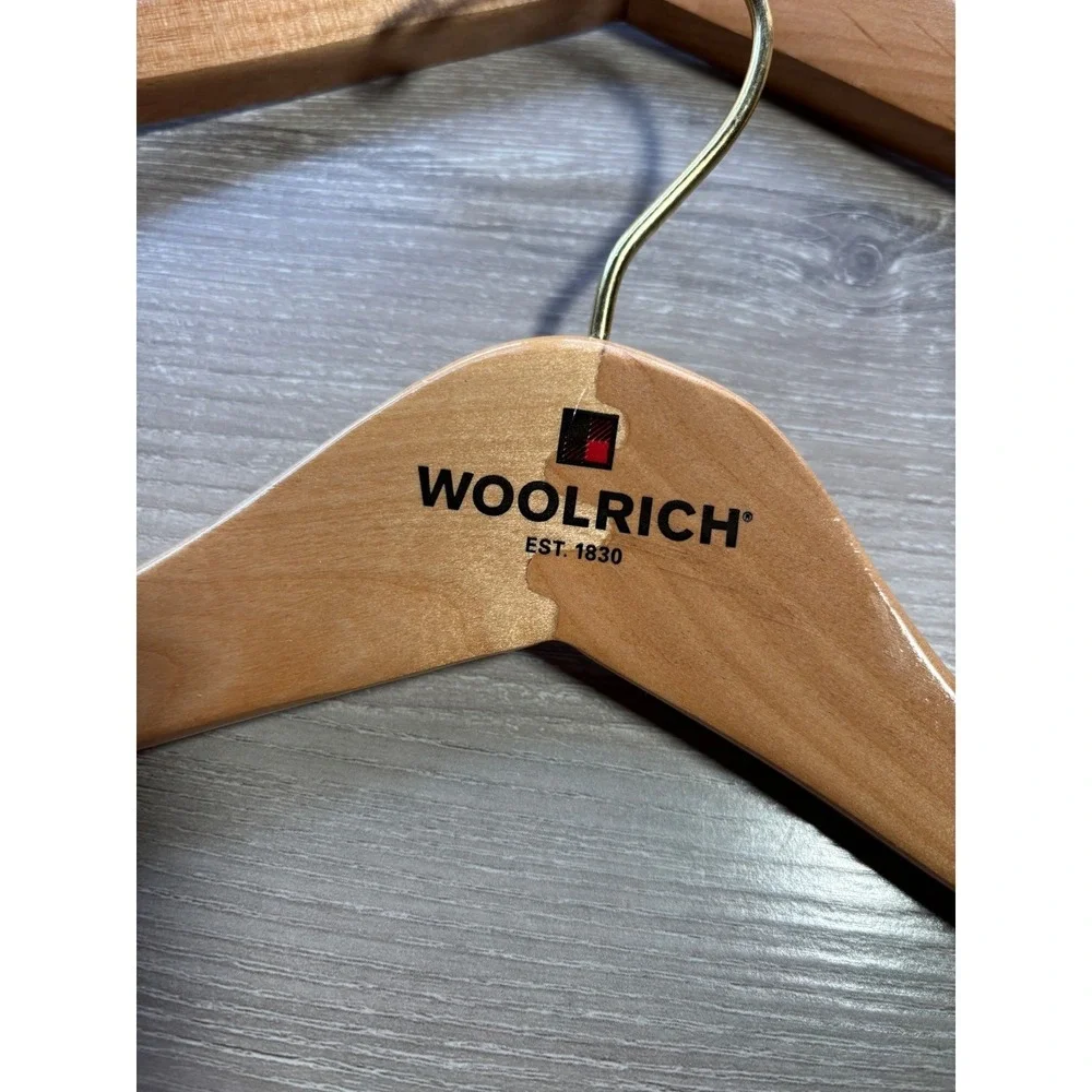 Woolrich Wooden Coat Hangers Set of 2 Natural Wood Gold Hook Logo EST 1830‎